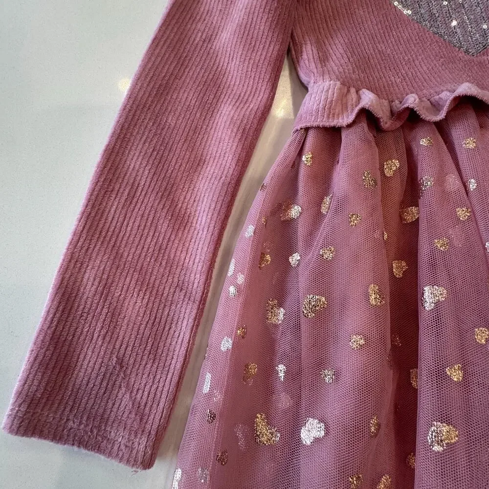 Young Hearts Pink Ribbed Tutu Dress Girls 6X Sequin Heart Gold Foil Whimsical